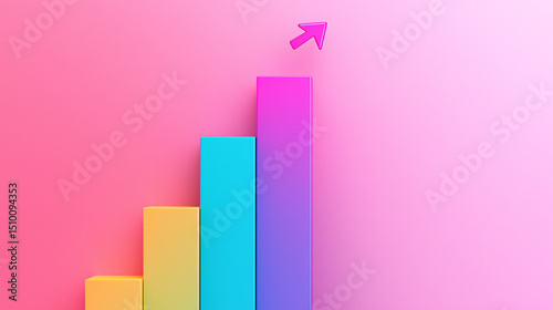 Colorful bar graph with an upward arrow on a gradient background.