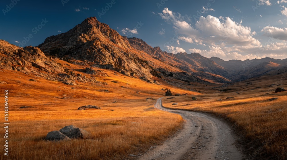 Fototapeta premium Rocky mountain pass with a trail leading towards the summit in warm afternoon light