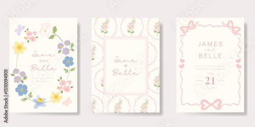 Elegant wedding invitation card background vector. Minimal hand drawn ribbon frame and floral frame template background. Design illustration for wedding, vip cover, poster, rsvp modern card.