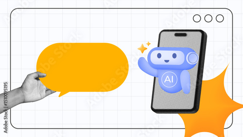 halftone collage, AI chatbot on mobile enabling smart conversation and hand holding bubble chat SEO, digital assistant, customer support, and chatbot 