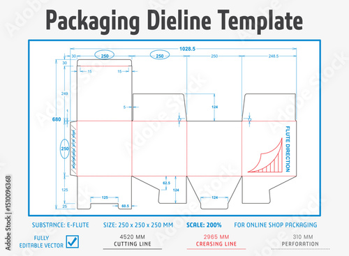 Packaging Dieline Template. 2D Technical Drawing File Eps Scale. Fully editable vector. Prepared for production