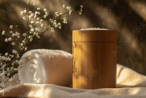 Wooden cylinder used in clean spa product shoot