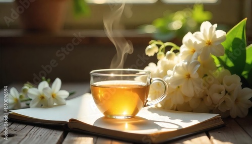 Tea and Book in Morning Sunlight with White Flowers