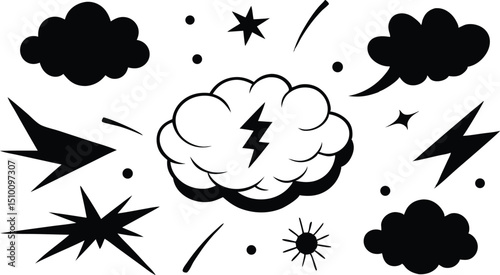A collection of hand-drawn black and white comic-style action elements, including explosion bursts, impact lines, swirls, smoke puffs, lightning bolts, spark effects.