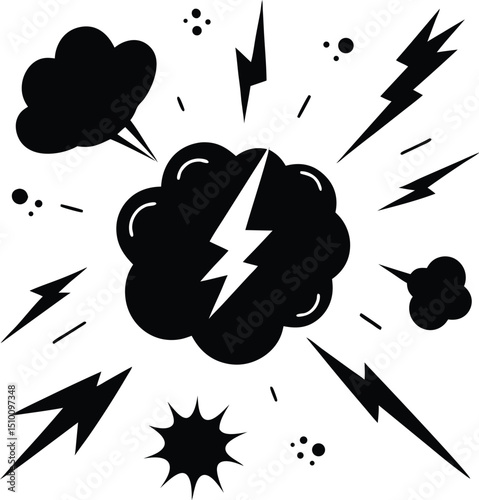 A collection of hand-drawn black and white comic-style action elements, including explosion bursts, impact lines, swirls, smoke puffs, lightning bolts, spark effects.