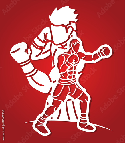 Boxing Sport Group of Boxer Fighter Warrior Mix Action Cartoon Silhouette Graphic Vector