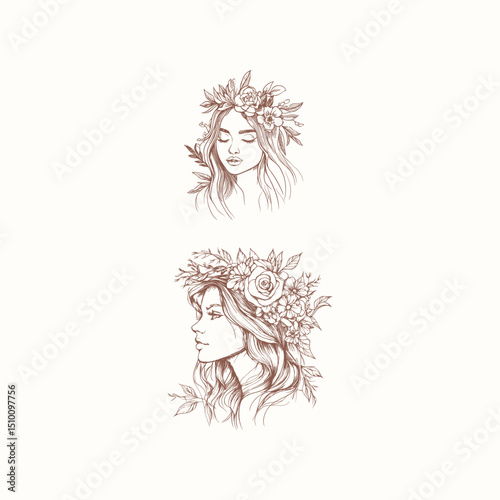 Beautiful woman with floral wreath design vector template illustration
