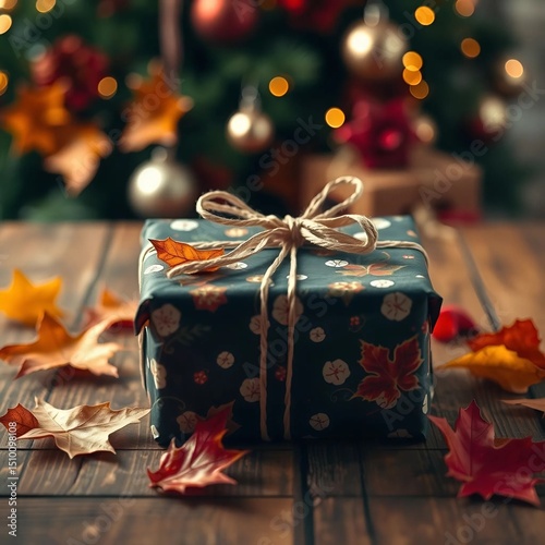 Close-up of a gift box in stylish autumn-themed packaging