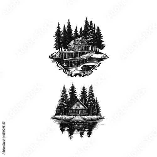 Rustic cabin on a lake mountain design vector template illustration