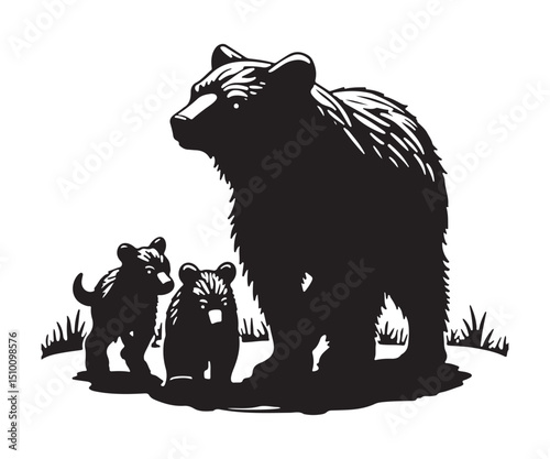 Outline of a bear accompanied by two cubs on a white background
