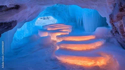 A dais made of ice in a glowing ice cave