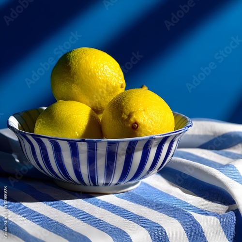 Vibrant lemons bask in sunlight a fresh summer scene captured in a blue striped bowl