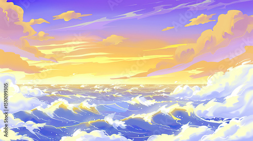 Tranquil ocean view with calm waves under golden sunset, minimalist seascape with copy space, conveying peace, relaxation and freedom of coastal life.