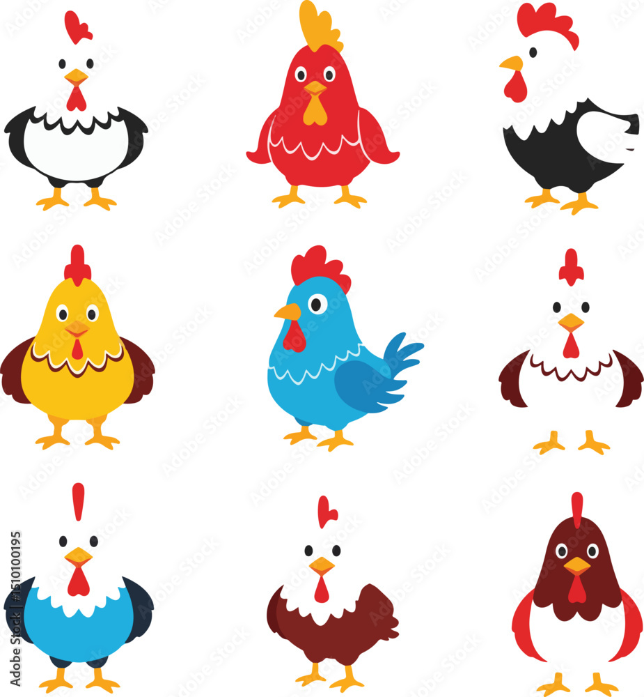 Obraz premium Colorful Stylized Chicken Character Collection