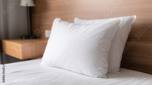 Closeup of two white pillows on a made bed in a hotel room  showcasing comfort and cleanliness for a relaxing vacation or stay Concept of hospitality and accommodation