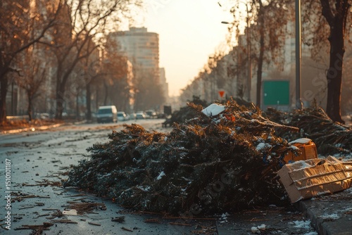 Discarded Christmas trees on city street