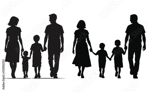Family Walking Together Silhouettes Happy Parents And Children Design Asset