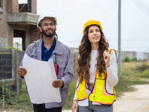 Professional architect and foreman two person wear head hat talk meeting safety work team .check inspection document blueprint improvement job project plan design home building in construction site.