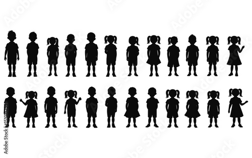 Silhouettes Of Children Standing Side By Side In Different Poses Vector