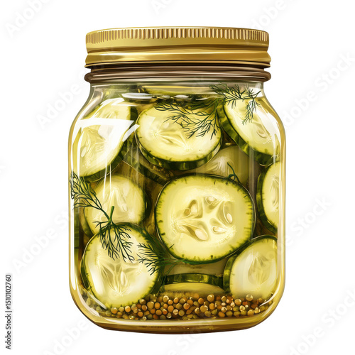 Freshly Pickled Cucumbers in a Jar with Dill and Mustard Seeds for a Crunchy Snack or Side Dish on transparent background