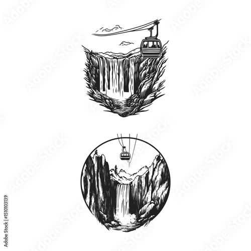 cable car soaring high above the waterfall design vector template illustration