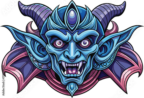 Devil Face Vector. Colorful Stylized Demon Headshot with Horns and Gold Accents in Pop Art Style