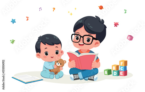 cute little boy read book with baby brother sibling together cartoon vector illustration