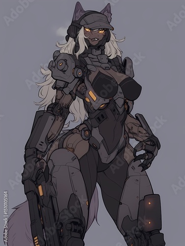 A wolf-like woman with yellow eyes, sharp teeth, and gray armor with gold accents holds a gun, ready for action in a gray background.