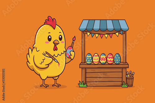 A farm-style chicken sells fresh veggies in a funky overalls outfit at a market booth.