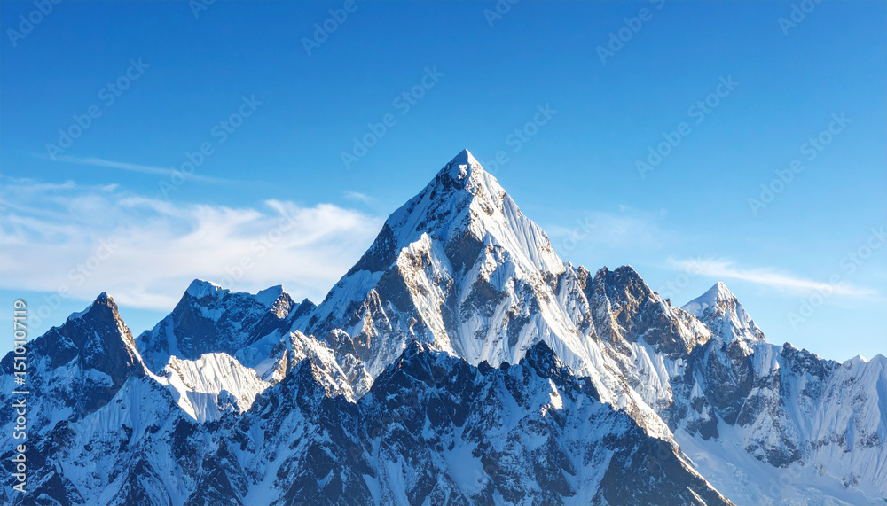 Obraz premium Snowy mountain peak under clear blue sky with rugged rocky slopes and bright sunlight illuminating landscape, creating serene and majestic natural scene