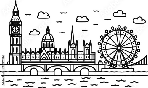 illustration of London skyline. Includes Big Ben (Elizabeth Tower), London Eye, Tower Bridge, The Shard, and St. Paul’s Cathedral. Simple outlines