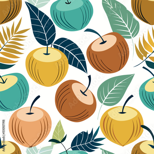 Tropical Fruit and Leaf Seamless Pattern Coconuts  Vector Illustration in Modern Flat Style