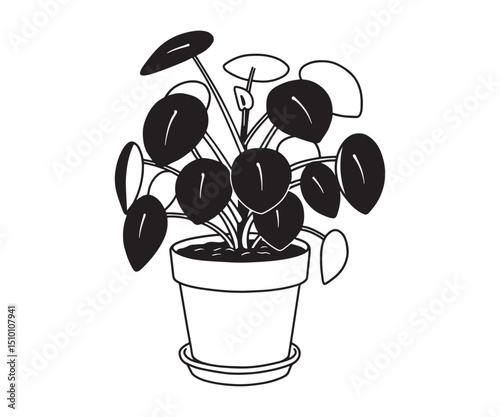 Silhouette representation of a Pilea houseplant. This is a black and white doodle illustration of an indoor potted plant in vector format.