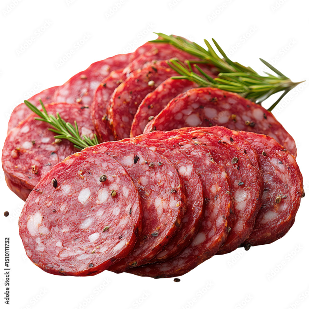 Thin slices of salami arranged on a transparent background, showcasing the marbled texture and rich red color. Thin slices of salami arranged on a transparent background, showcasing the marbled texture and rich red color.