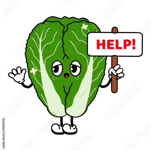 Cartoon Napa Cabbage holding a help sign, expressing exhaustion and a strong need for assistance with a worried and distressed look
