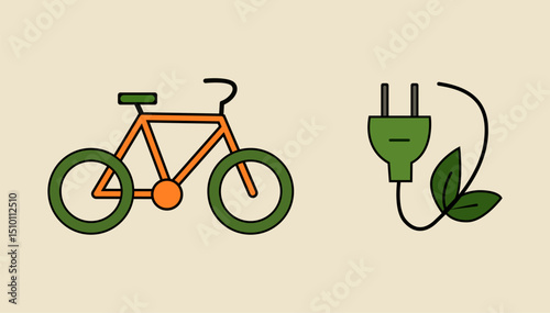 Green energy plug icon with leaf, flat vector symbol for eco electricity and sustainable power, Green Bicycle Icon – Eco-Friendly Transport and Sustainability Symbol