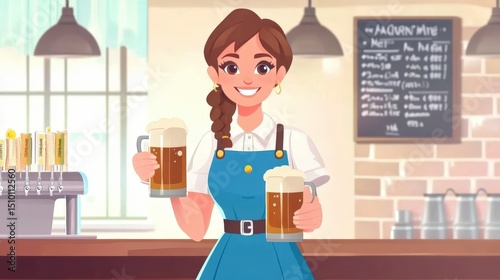 Cheerful waitress holding beer glasses on neutral background