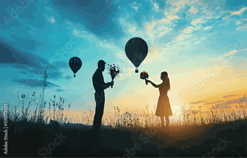 A romantic silhouette of a couple exchanging flowers at sunset with hot air balloons above.