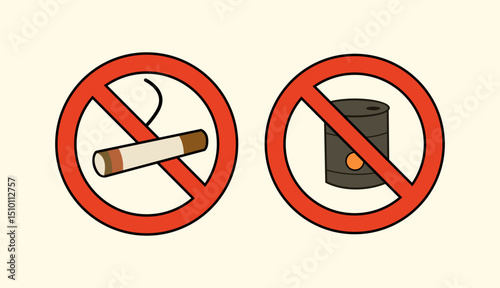Vector illustration of no smoking and no oil symbols in red prohibition style, promoting public health and eco-friendly practices.