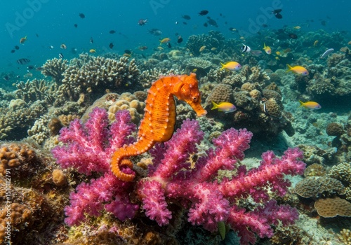 Seahorse on Vibrant Coral Reef 2025-05-16 - An orange seahorse gracefully rests on a vibrant pink coral, surrounded by colorful reef fish. Symbolizing: marine life, underwater beauty photo