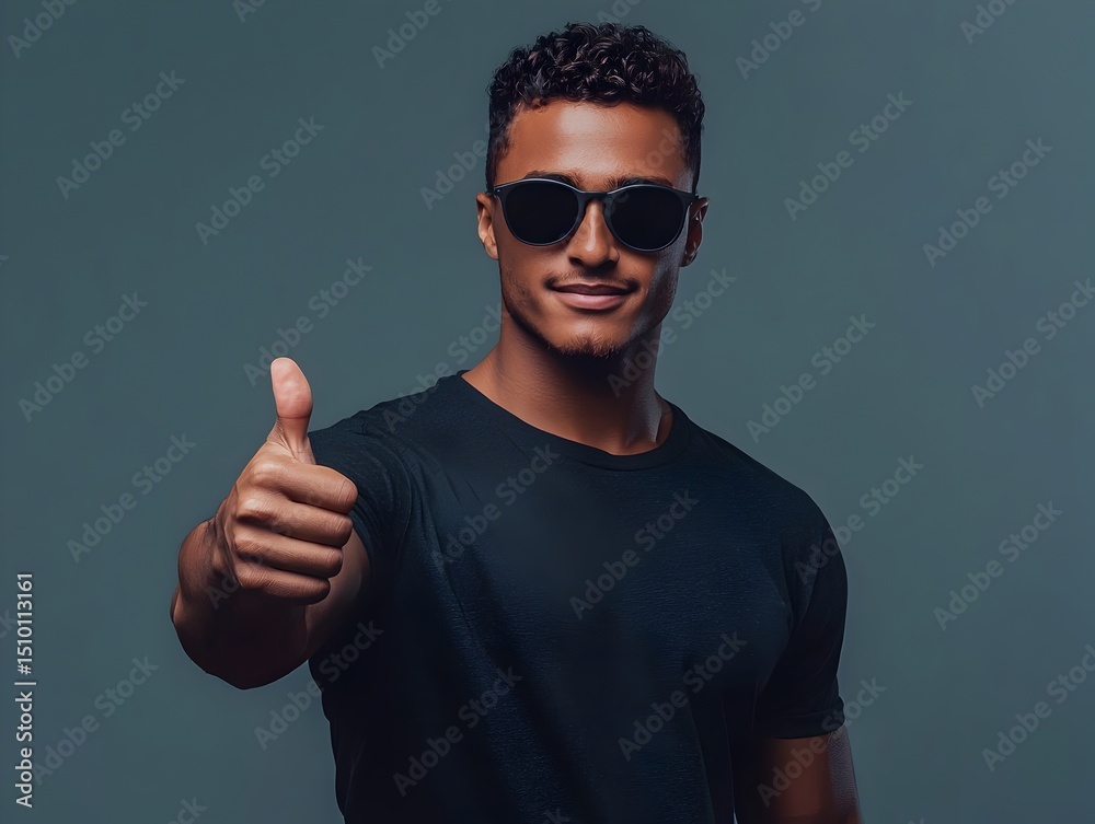 Naklejka premium Photo of a confident man wearing sunglasses, giving a thumbs-up gesture, against a neutral background