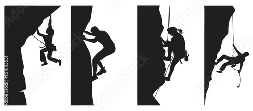 Silhouettes of climbers scaling rocky cliffs
