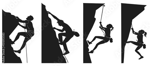 Silhouettes of climbers scaling rocky cliffs