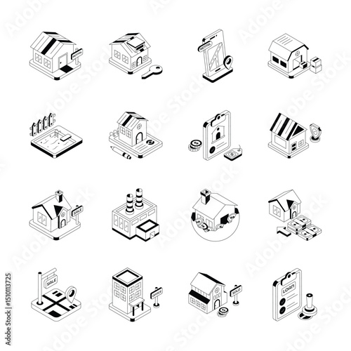 Get this easy to edit pack showing property icon in isometric style