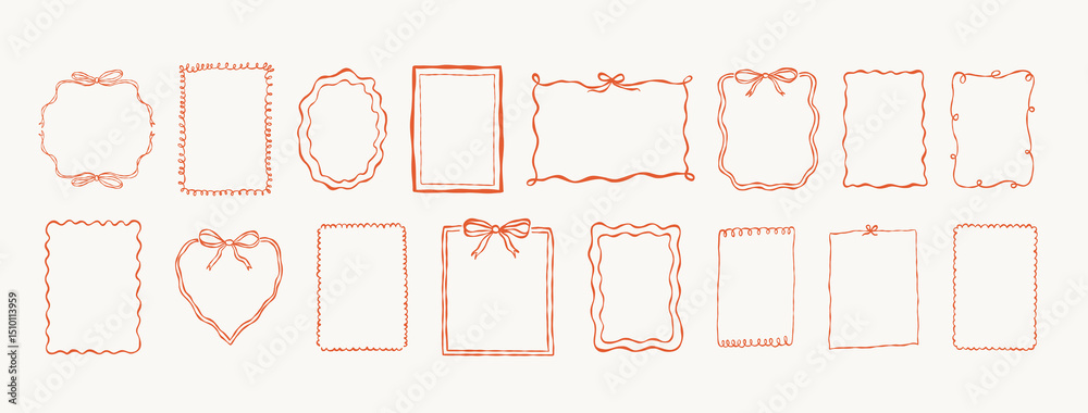 A set of hand drawn decorative frames and borders in a whimsical, aesthetic style. Includes a variety of rectangular, round, and heart-shaped designs featuring ribbons and bows. 