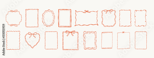 A set of hand drawn decorative frames and borders in a whimsical, aesthetic style. Includes a variety of rectangular, round, and heart-shaped designs featuring ribbons and bows. 