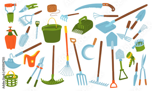 set of gardening tools. Flat color illustration. Pitchfork, shovel, bucket, rake. Gardening tools. Seasonal work. product for agricultural crops. Suitable for ecology, garden, household, packaging