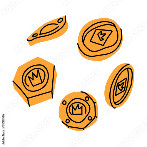 set of gold coins of different shapes and positions. Archaeological finds, excavations, hunting objects. Suitable for scientific, museum materials, textbooks, archeology, anthropology, history
