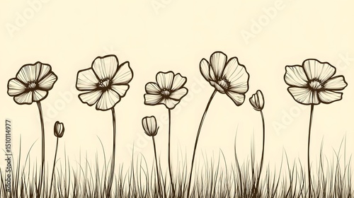 Elegant Hand Drawn Cosmos Flowers in Grass Meadow Botanical Illustration