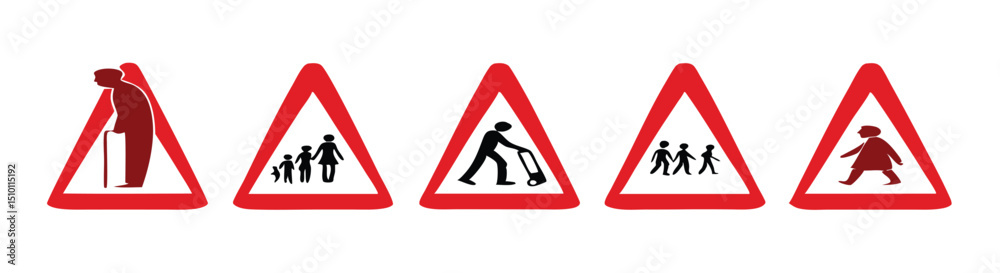 Red triangle warning signs pedestrians elderly children Red triangle warning signs pedestrians elderly children